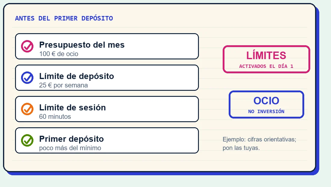 Tarjeta con cuatro límites a fijar antes del primer depósito: presupuesto, depósito, sesión y primer depósito pequeño