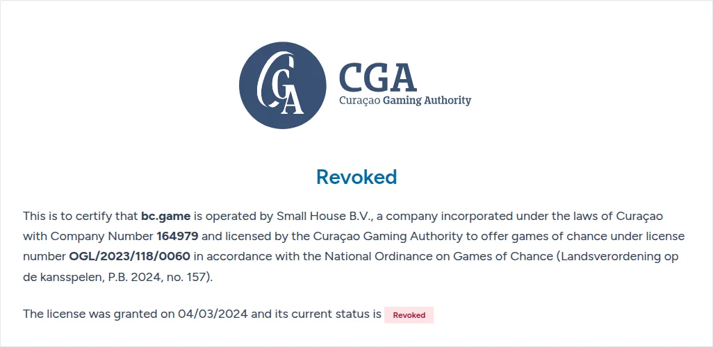 Certificado de la Curaçao Gaming Authority para bc.game con estado Revoked