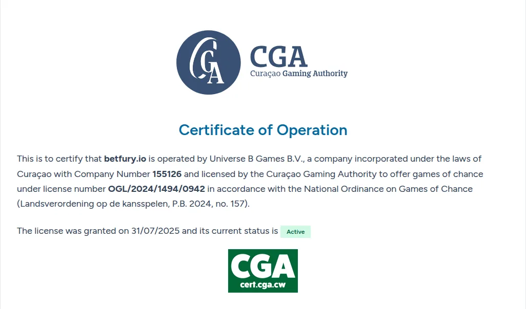 Certificado de la Curaçao Gaming Authority para betfury.io con estado Active