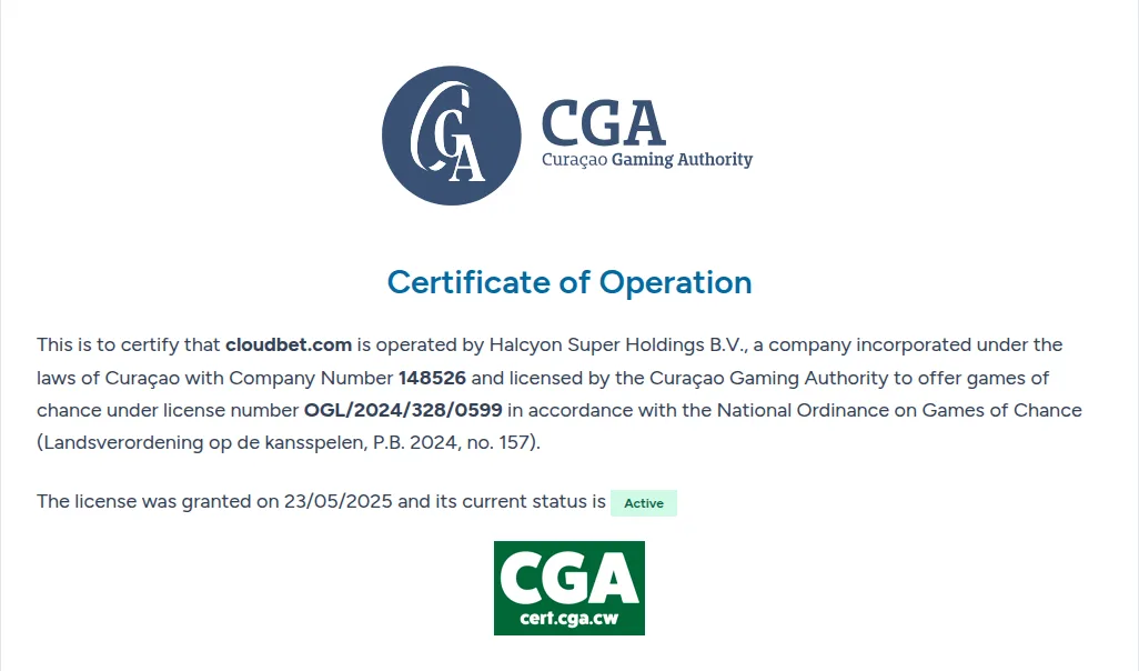 Certificado de la Curaçao Gaming Authority para cloudbet.com con estado Active